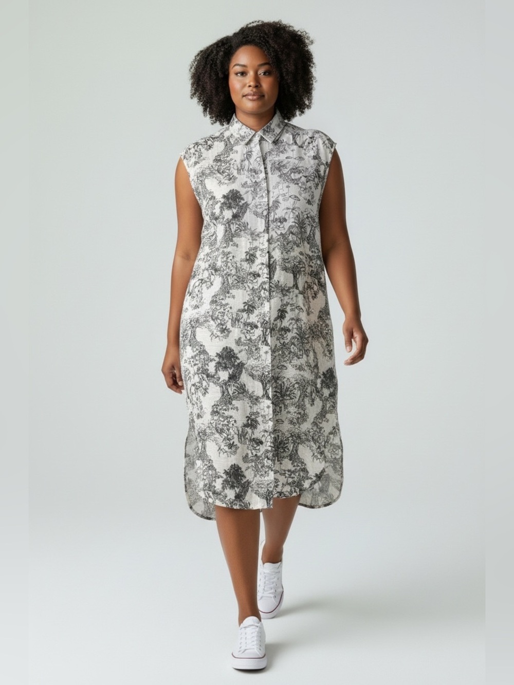 C by One Women’s Sleeveless Collared Shirt Dress White Black Toile Print Size 3X